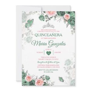 Pink Quinceañera Dusty Green Crown Butterfly