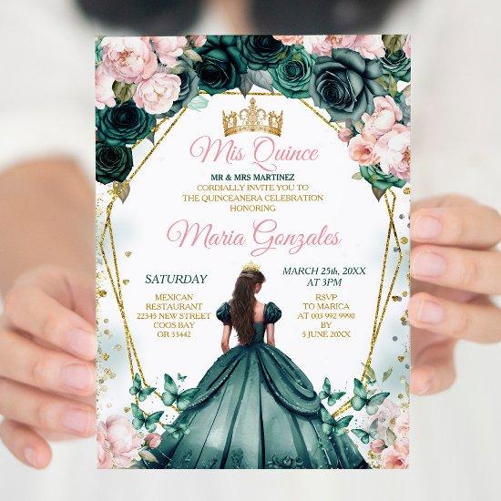 Pink Quinceañera Emerald Green Gold Crown Floral
