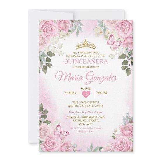 Pink Quinceañera Gold Crown Mexican Butterfly