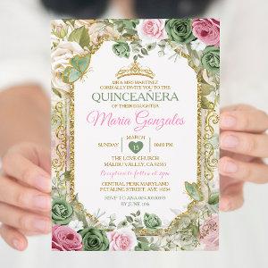 Pink Quinceañera Sage Green Gold Crown Butterfly