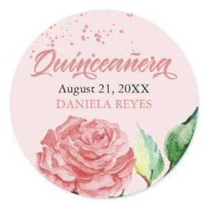 Pink Quinceanera Watercolor Rose Bloom Custom Classic Round Sticker