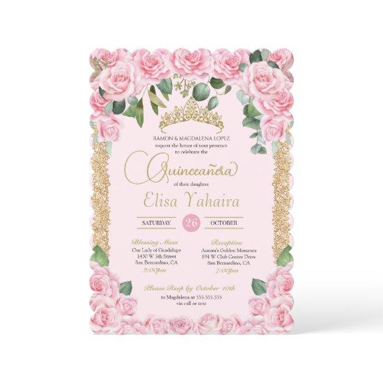 Pink Rose and Decorative Gold Elegant Quinceanera