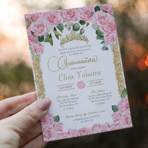 Pink Rose and Decorative Gold Elegant Quinceanera