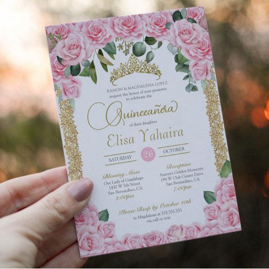 Pink Rose and Decorative Gold Elegant Quinceanera