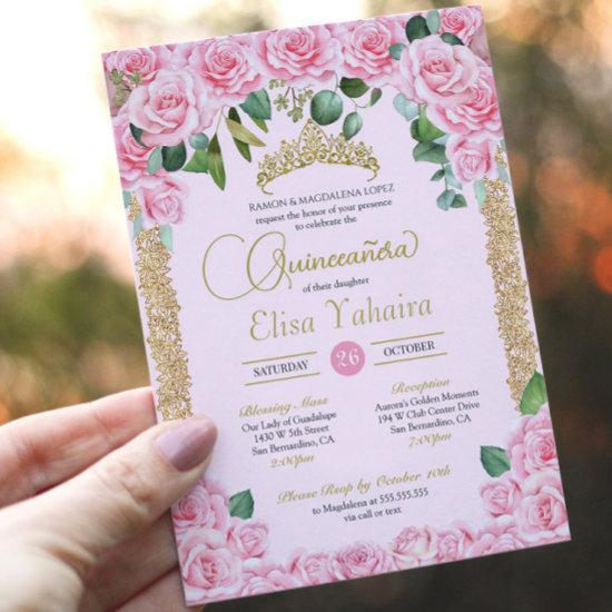 Pink Rose Decorative Gold Elegant Quinceañera