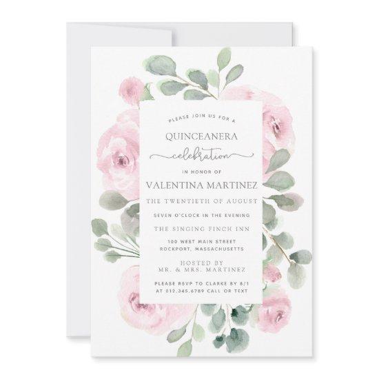 Pink Rose Floral Botanical Quinceanera