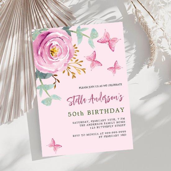 Pink rose floral butterfly greenry birthday