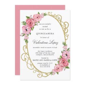 Pink Rose Floral Gold Quinceanera