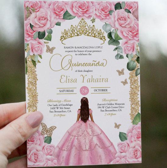 Pink Rose & Gold Butterfly Quinceanera