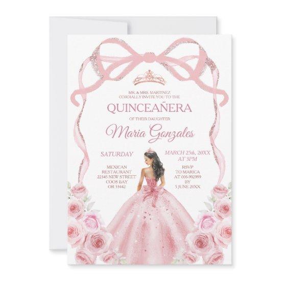 Pink Rose Gold Crown Bow Princess Girl Quinceañera