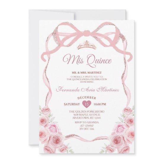 Pink Rose Gold Crown Floral Bow Ribbon Mis Quince