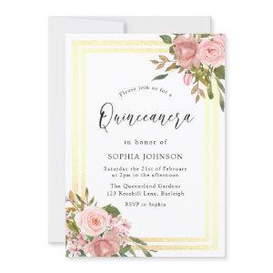 Pink Rose Gold Flowers Double Border Quinceanera