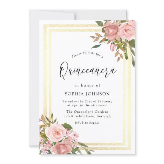 Pink Rose Gold Flowers Double Border Quinceanera