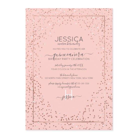 Pink Rose Gold Glitter Confetti Border Quinceañera