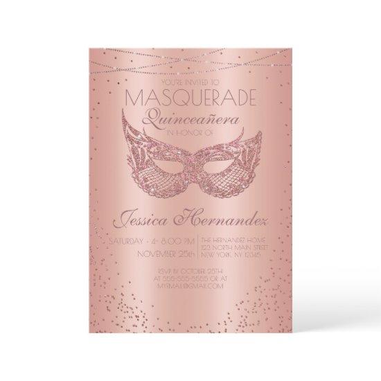 Pink Rose Gold Glitter Lace Masquerade Quinceañera