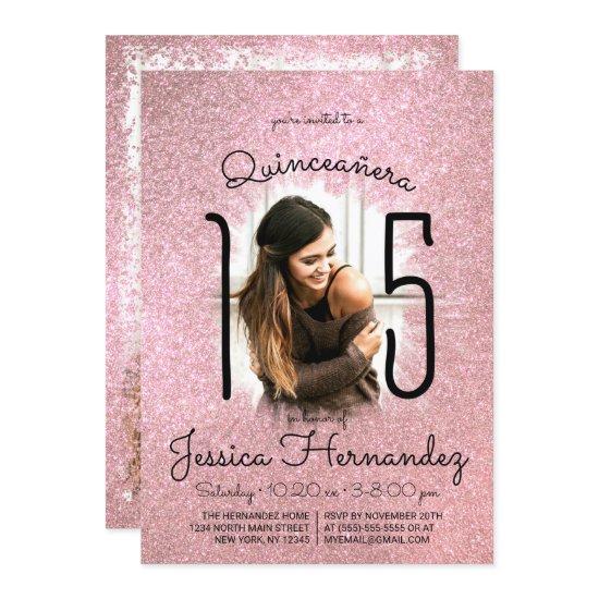 Pink Rose Gold Glitter Ombre Photo Quinceañera