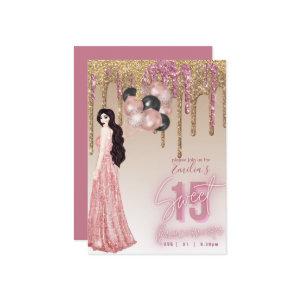 Pink Rose Gold Glitter Quinceanera Brunette Girl