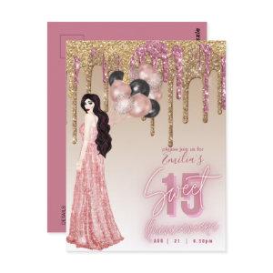 Pink Rose Gold Glitter Quinceanera Brunette Girl   Postcard