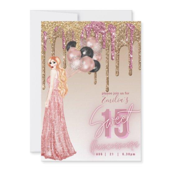 Pink Rose Gold Glitter Quinceanera  Red Hair Girl