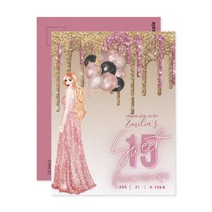 Pink Rose Gold Glitter Quinceanera  Red Hair Girl Postcard