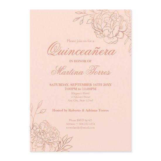 Pink Rose Gold Outline Flowers Floral Quinceanera