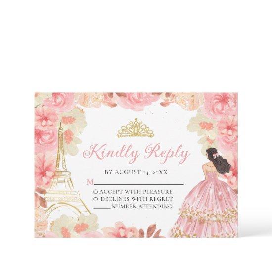 Pink Rose Gold Princess Quinceañera RSVP Card