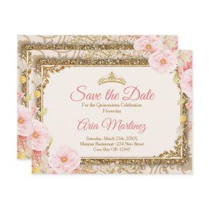 Pink Rose Gold Quinceañera 15 Anos Save the Date  Thank You Card