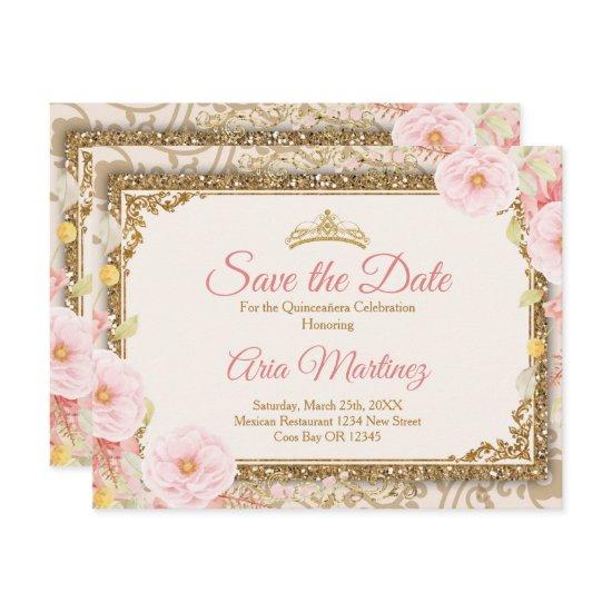 Pink Rose Gold Quinceañera 15 Anos Save the Date  Thank You Card