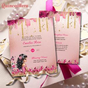 PINK Rose Gold Quinceanera Dress Floral Roses