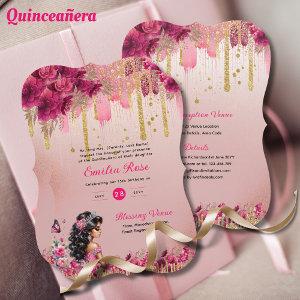PINK Rose Gold Quinceanera Dress Floral Roses