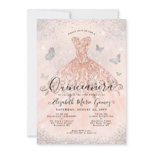 Pink Rose Gold Silver Glitter Gown Quinceanera