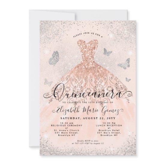 Pink Rose Gold Silver Glitter Gown Quinceanera