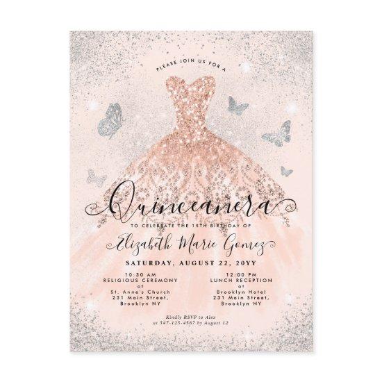 Pink Rose Gold Silver Glitter Gown Quinceanera Postcard