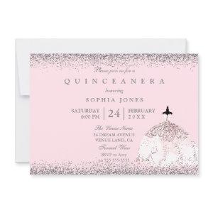 Pink Rose Gold  Silver Quinceanera Party Invite