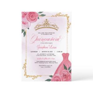Pink Rose & Gold White Floral Tiara Quinceañera