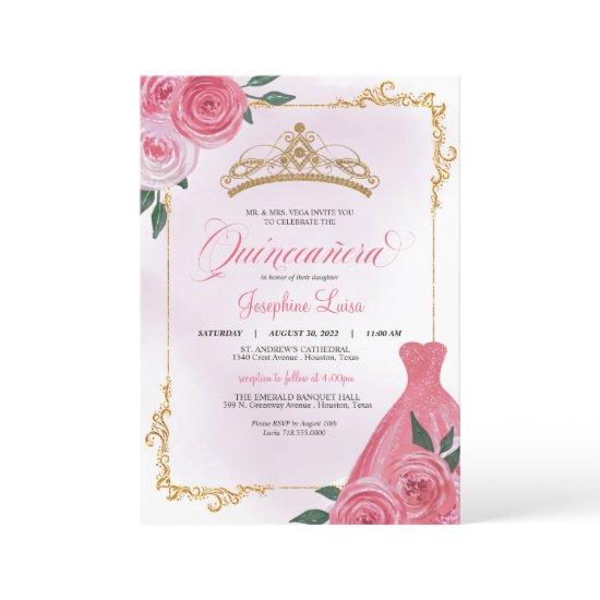 Pink Rose & Gold White Floral Tiara Quinceañera