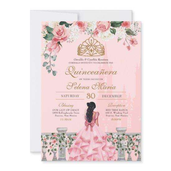 Pink Rose Golden Princess Fairytale Quinceañera