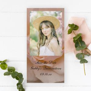 Pink Rose Quinceañera Save the Date Photo Card