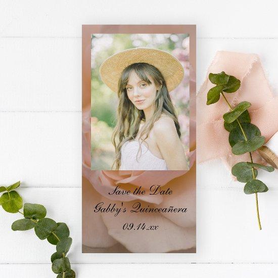 Pink Rose Quinceañera Save the Date Photo Card