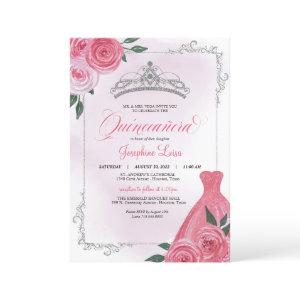 Pink Rose Silver & White Floral Tiara Quinceañera