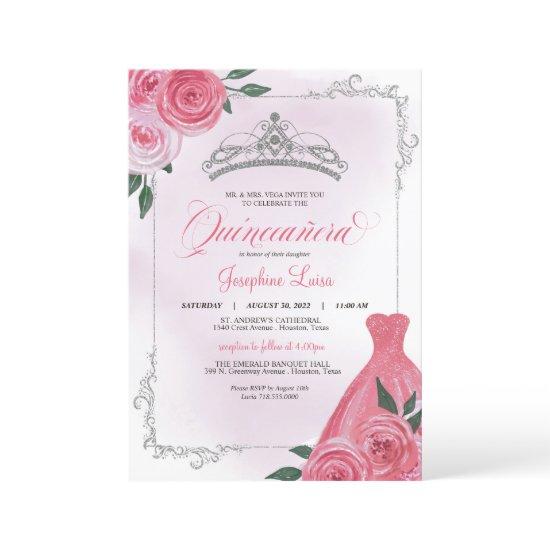 Pink Rose Silver & White Floral Tiara Quinceañera
