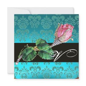 PINK ROSEBUD DIAMOND JEWEL , BLUE DAMASK MONOGRAM