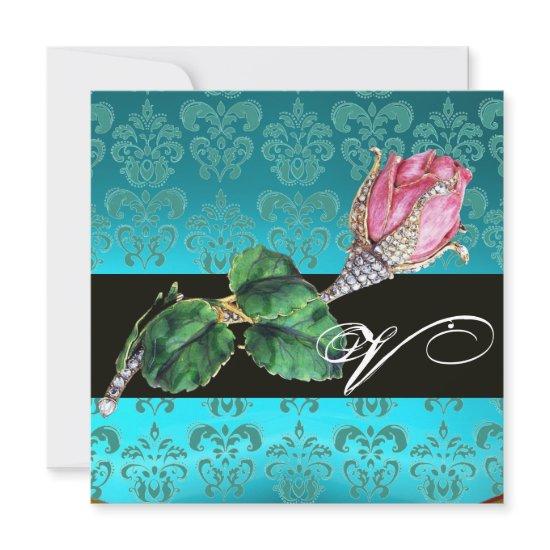 PINK ROSEBUD DIAMOND JEWEL , BLUE DAMASK MONOGRAM
