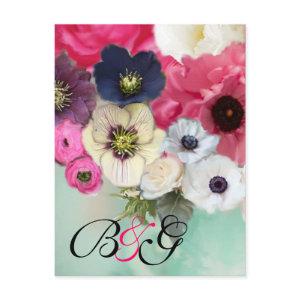 PINK ROSES AND ANEMONE FLOWERS MONOGRAM Save Date Announcement Postcard