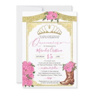 Pink Roses and Gold Floral Boot Charro Quinceanera