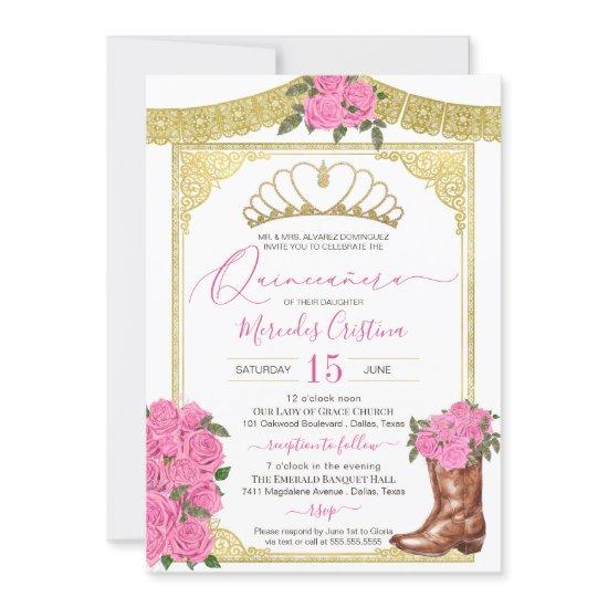 Pink Roses and Gold Floral Boot Charro Quinceanera