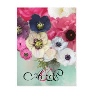 PINK ROSES ,ANEMONE FLOWERS MONOGRAM Save The Date Announcement Postcard