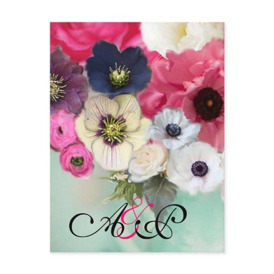 PINK ROSES ,ANEMONE FLOWERS MONOGRAM Save The Date Announcement Postcard