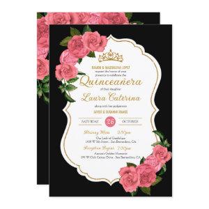 Pink Roses Black White Gold Elegant Quinceanera