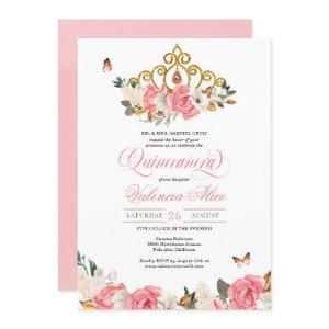 Pink Roses Butterflies Quinceanera Gold Tiara
